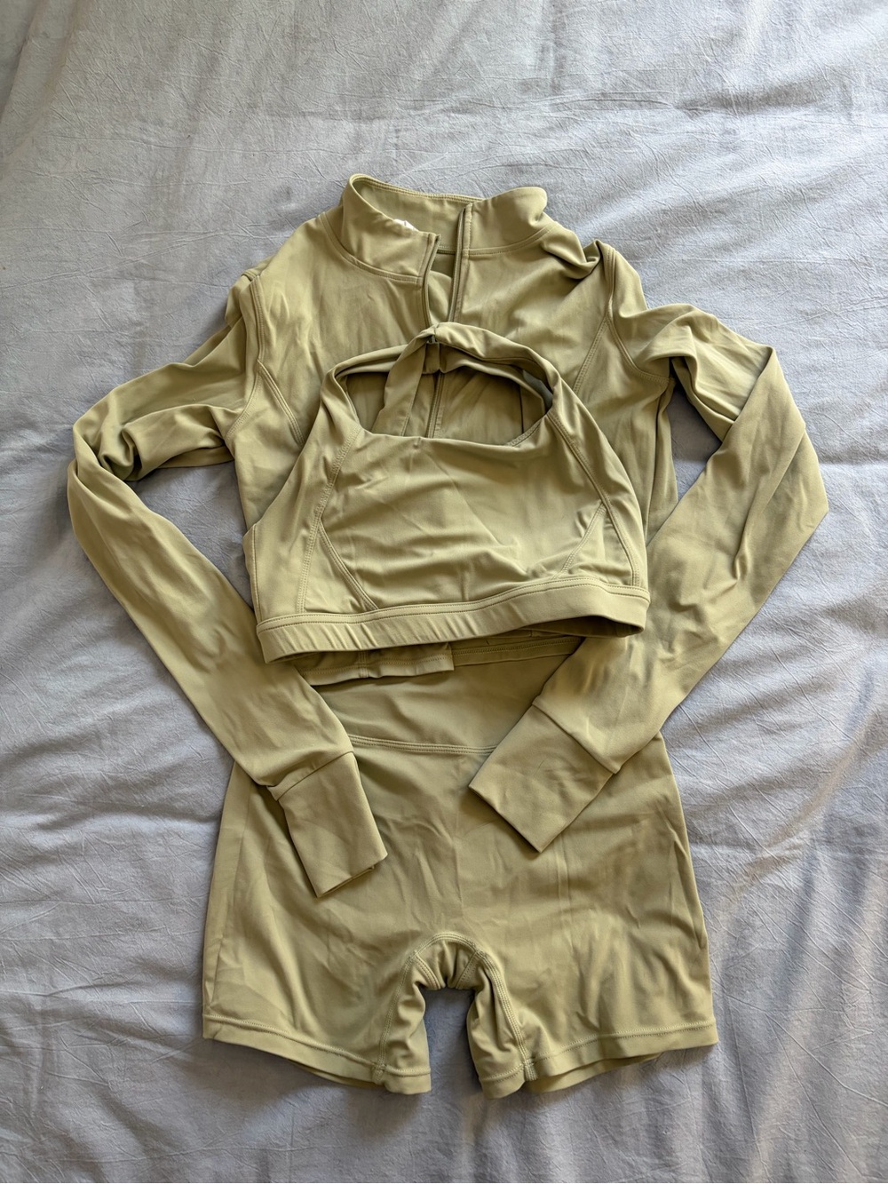3-Piece Matcha Green Active Set - Crop Top, Zip Jacket & Biker Shorts
